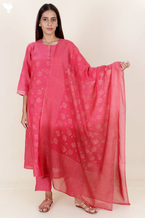 Chanderi Silk Kurta Pant And Dupatta Set In Block Print